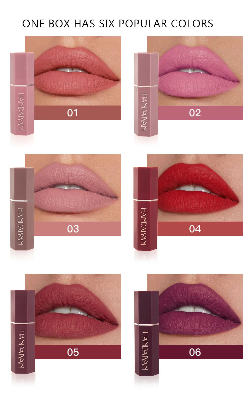 Handaiyan 6-Color Matte Velvet Lipstick Set – Waterproof, Long-Lasting Nude & Red Shades