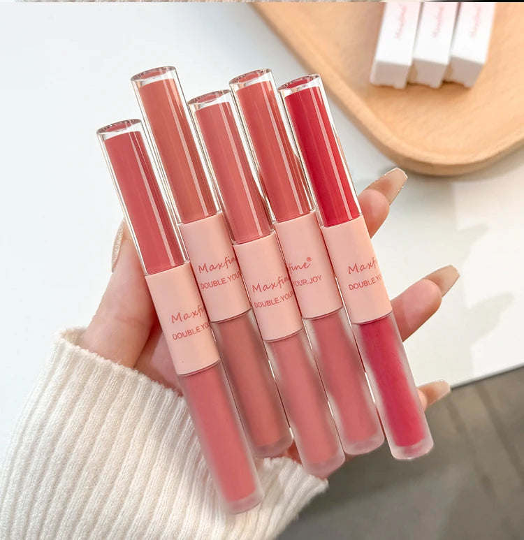 MAXFINE Brillo de labios de doble punta, resistente al agua, hidratante, duradero, mate, terciopelo, espejo, brillo de labios, cosméticos