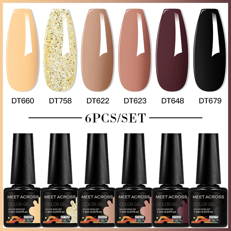 MEET ACROSS 6PC UV LED Gel Nail Polish Set – Soak Off Semi-Permanent Manicure Kit (7ml Each) C103