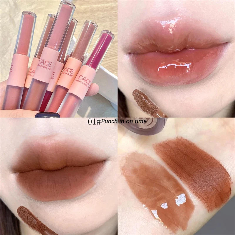 MAXFINE Brillo de labios de doble punta, resistente al agua, hidratante, duradero, mate, terciopelo, espejo, brillo de labios, cosméticos