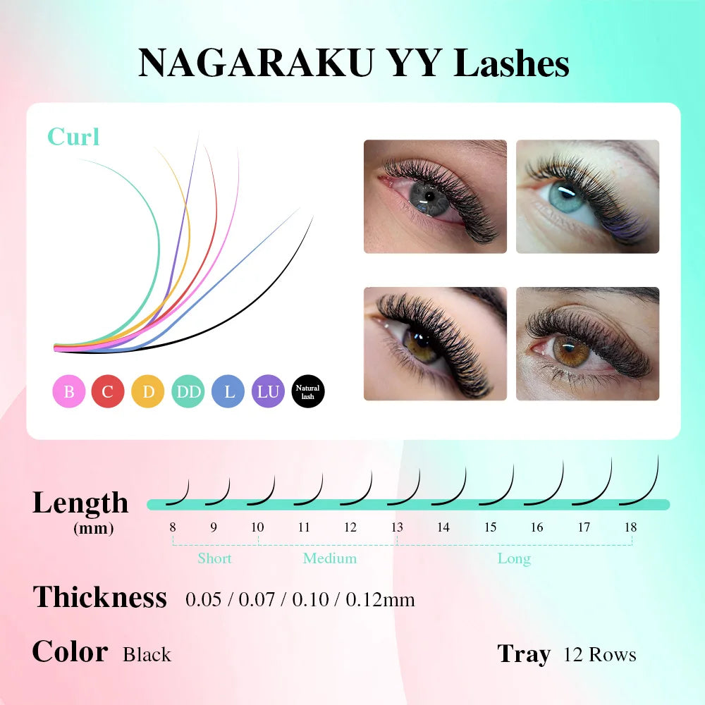 رموش NAGARAKU YY - أطراف ثلاثية مقسمة ومراوح متشابكة لحجم الجذور (12 صفًا)