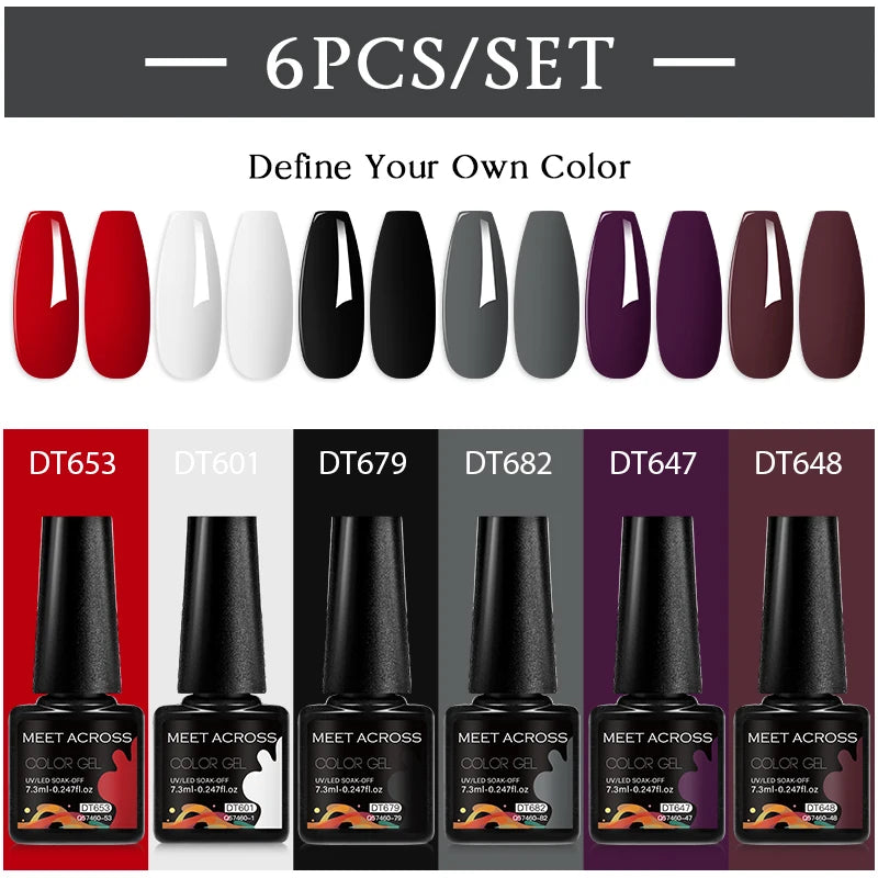 MEET ACROSS 6PC UV LED Gel Nail Polish Set – Soak Off Semi-Permanent Manicure Kit (7ml Each) C103
