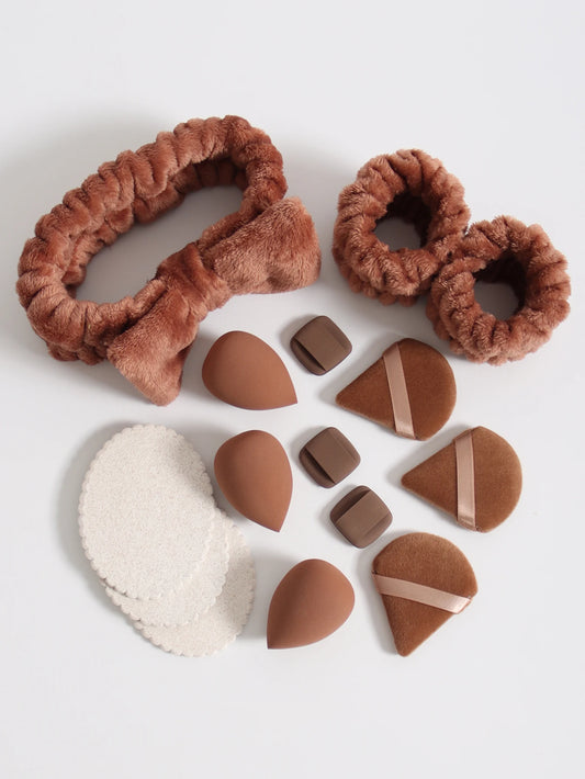 LuxuryGlow 15-Piece Makeup Sponge & Cosmetic Puff Set – Beauty Blender, Headband & Wristband