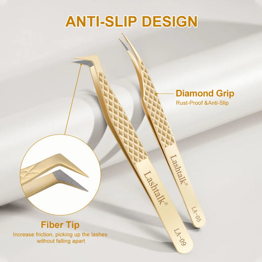 Pinzas para pestañas Lashtalk Precision con punta de fibra: antideslizantes, agarre de diamante y acabado dorado premium