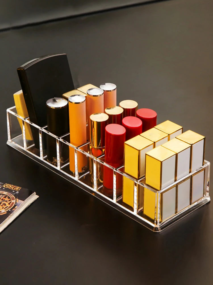 Caja de almacenamiento de cosméticos acrílica LuxuryGlow de 8 compartimentos: organizador de maquillaje para polvos, labiales y esmaltes de uñas