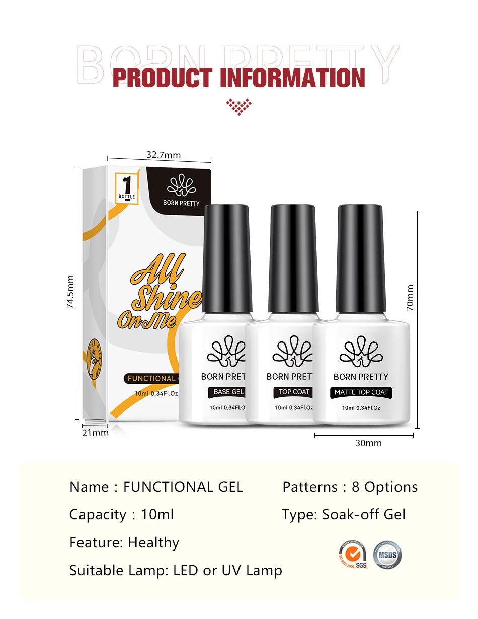 BORN PRETTY 10ml Nail Gel – Base, Top & Rubber Reinforcement Gel for UV/LED