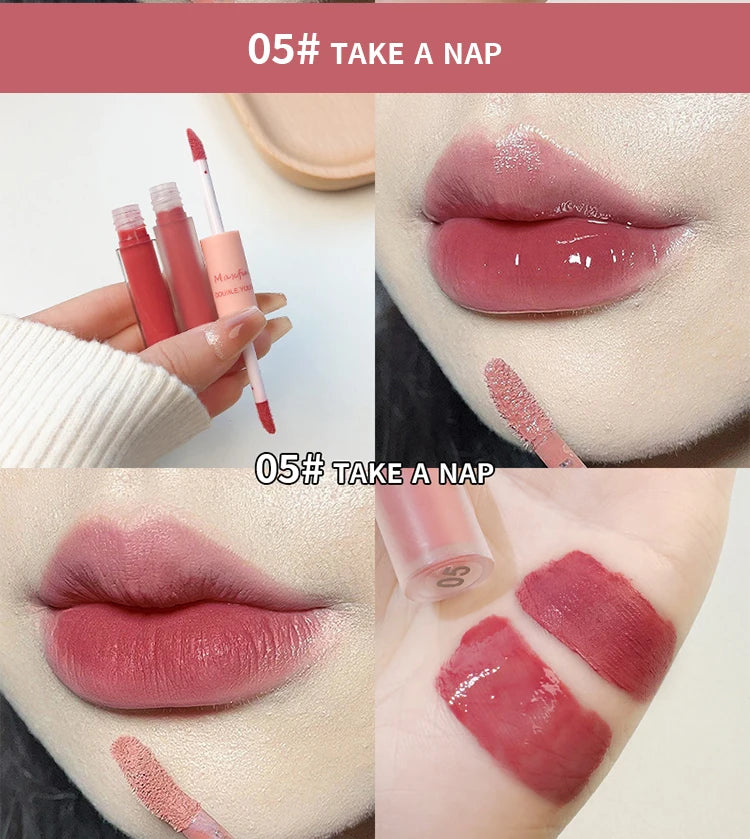 Brillo de labios de doble punta MAXFINE: acabado mate y brillante resistente al agua, hidratación duradera.