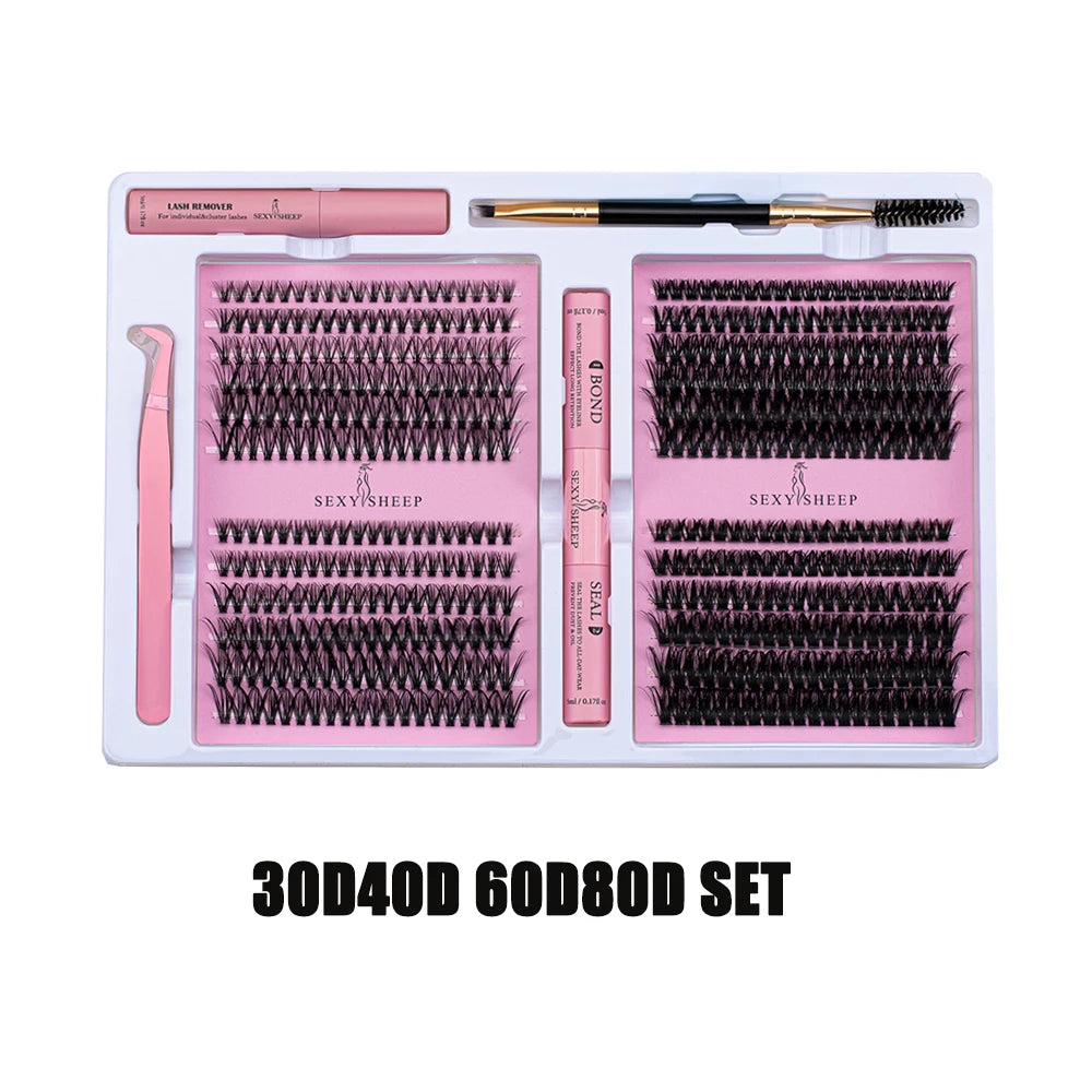 SEXYSHEEP DIY Eyelash Extension Kit with Glue, Remover, Lash Brush & Tweezers – Natural Cluster Lashes for Salon-Style Look at Home