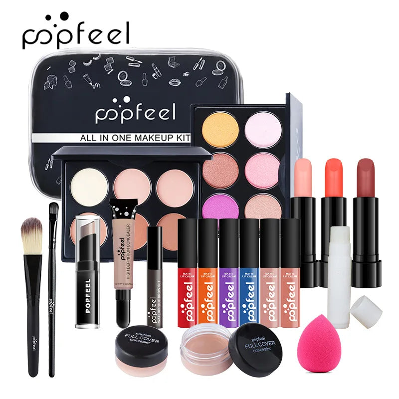 مجموعة هدايا مكياج POPFEEL من LuxuryGlow - مجموعة كاملة للوجه مع ظلال العيون، ملمع الشفاه، كريم الأساس، والفرش