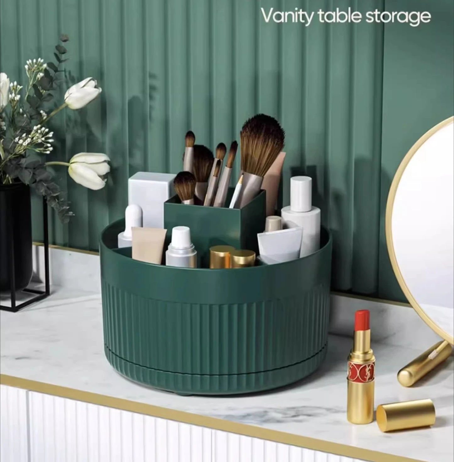 LuxuryGlow 360° Rotating Makeup Organizer Box — Desktop Cosmetic & Jewelry Holder