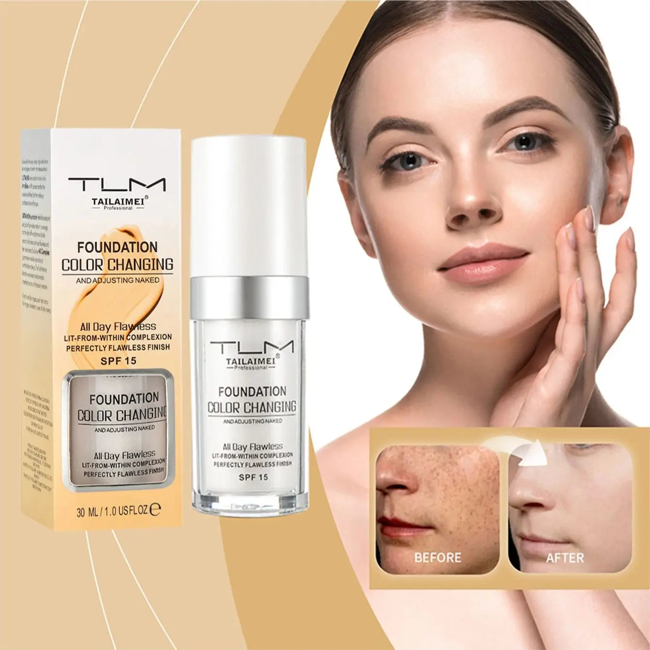 Base de maquillaje líquida LuxuryGlow Warm Change: resistente al agua, con control de grasa y protección FPS