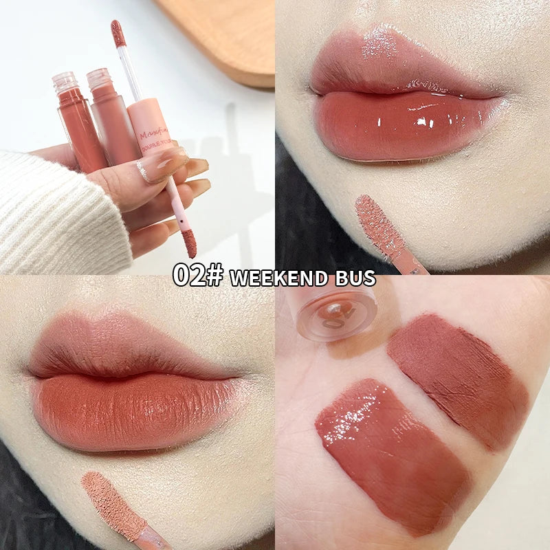 MAXFINE Brillo de labios de doble punta, resistente al agua, hidratante, duradero, mate, terciopelo, espejo, brillo de labios, cosméticos