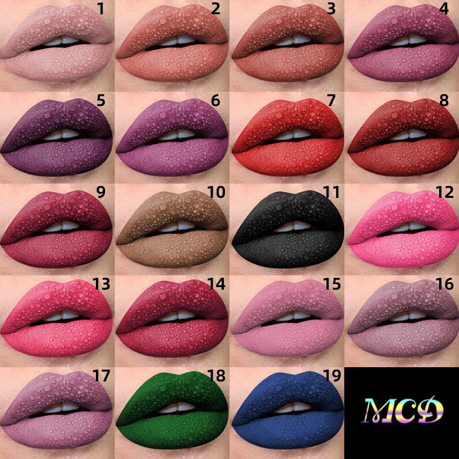 Brillo labial mate aterciopelado LuxuryGlow de 19 colores: labial líquido resistente al agua y de larga duración.