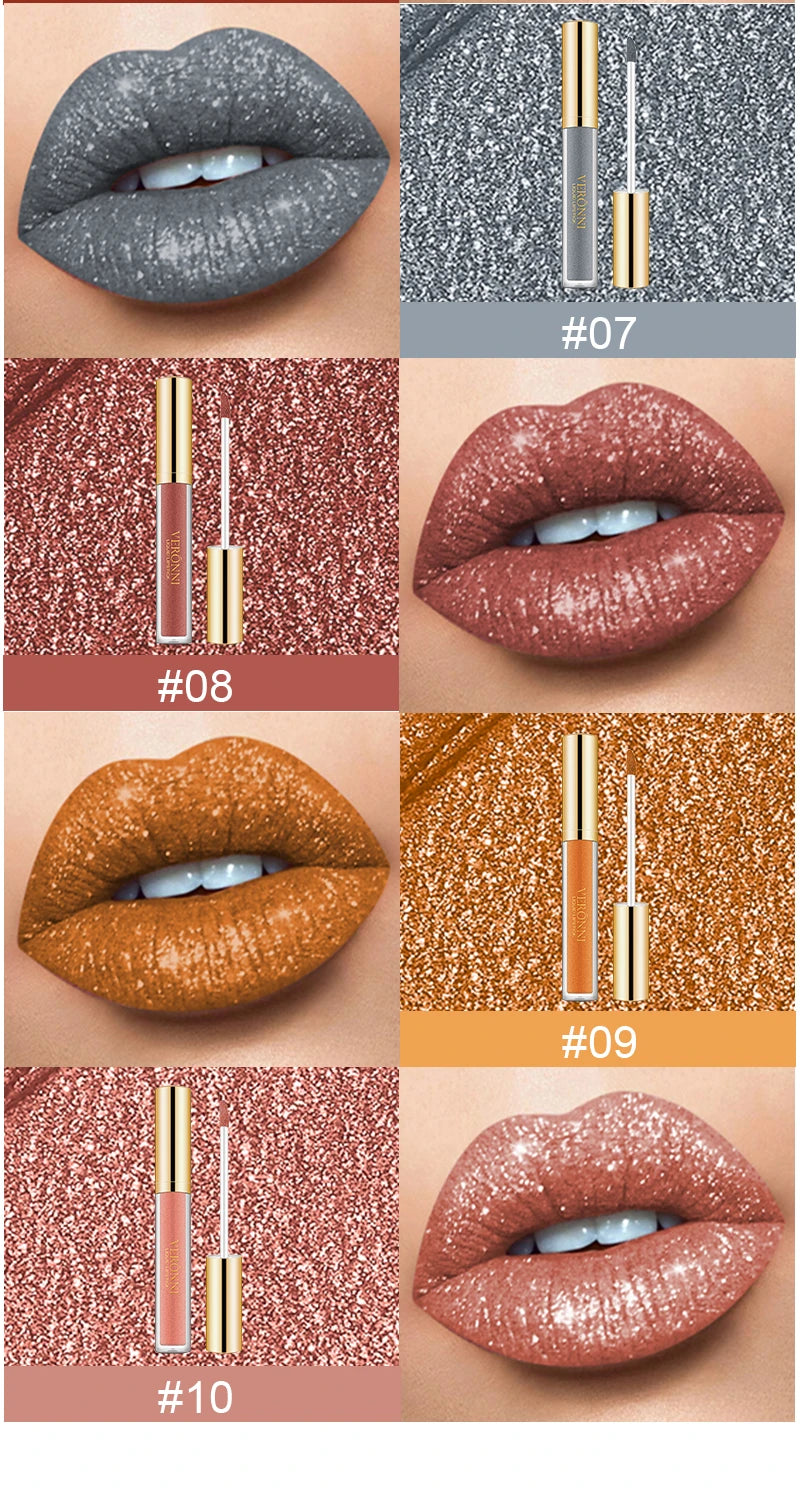 Set de labiales líquidos con purpurina LuxuryGlow de 15 colores: brillo labial duradero, resistente al agua y brillante.