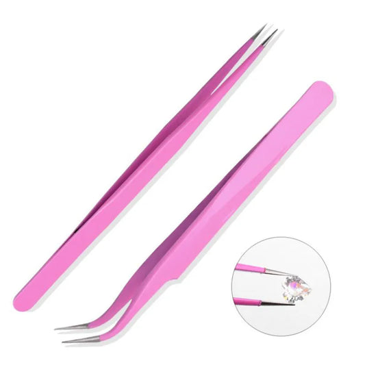 Art Lalic 2PCS Pink Stainless Steel Tweezers Set – Straight & Curved for Eyelash & Nail Art
