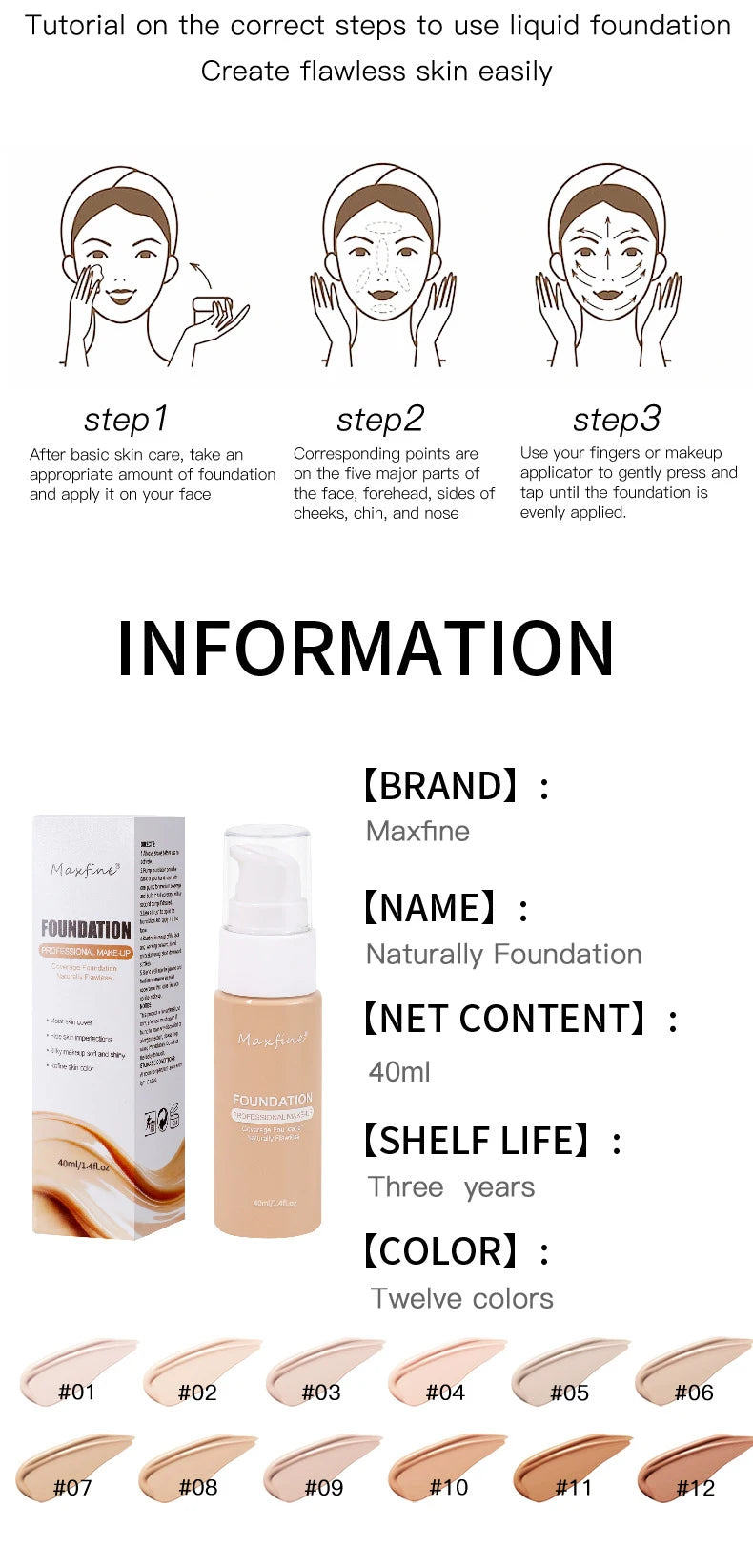 Base de maquillaje líquida MAXFINE: resistente al agua, al sudor y de cobertura total (30 ml)