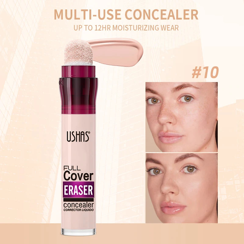 USHAS 12-Color Liquid Concealer with Rotating Sponge – Lightweight, Long-Lasting & Moisturizing Foundation