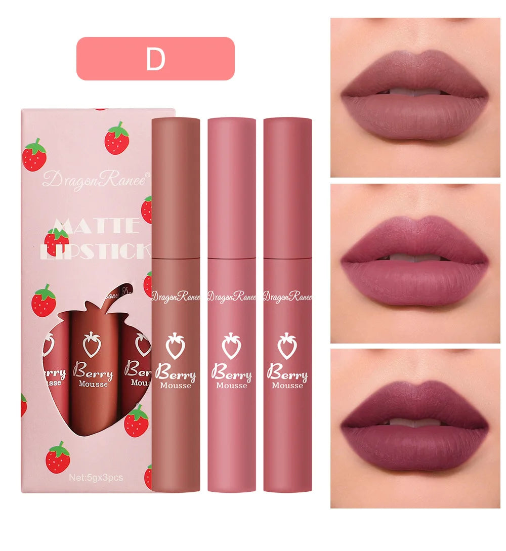 Dragon Ranee - Set de 3 brillos labiales mate de fresa aterciopelados: resistentes al agua y de larga duración