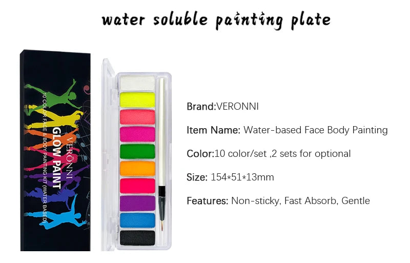 VERONNI UV Glow Neon Face & Body Paint – 10 Fluorescent Colors for Party Makeup