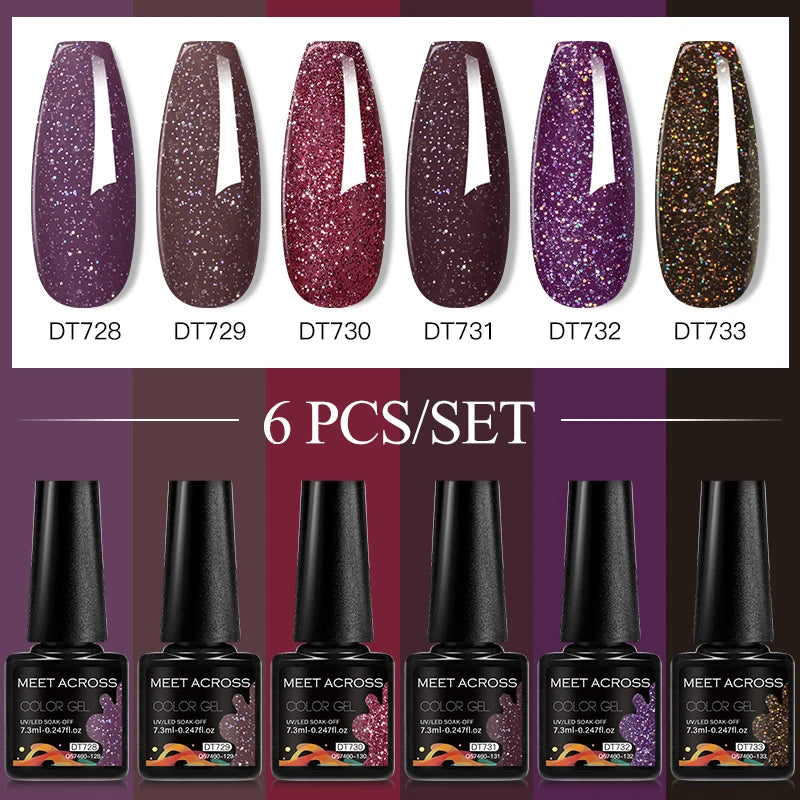 MEET ACROSS 6PC UV LED Gel Nail Polish Set – Soak Off Semi-Permanent Manicure Kit (7ml Each) C50