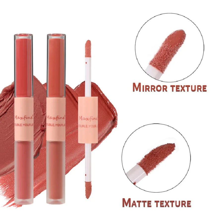 MAXFINE Brillo de labios de doble punta, resistente al agua, hidratante, duradero, mate, terciopelo, espejo, brillo de labios, cosméticos