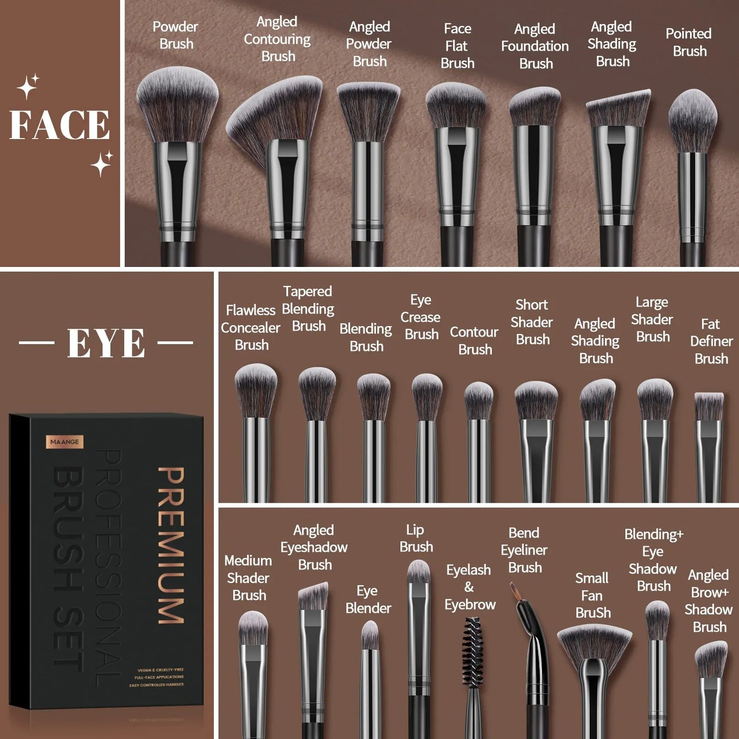 MAANGE - Juego de 25 brochas de maquillaje profesional para rostro y ojos en caja de regalo