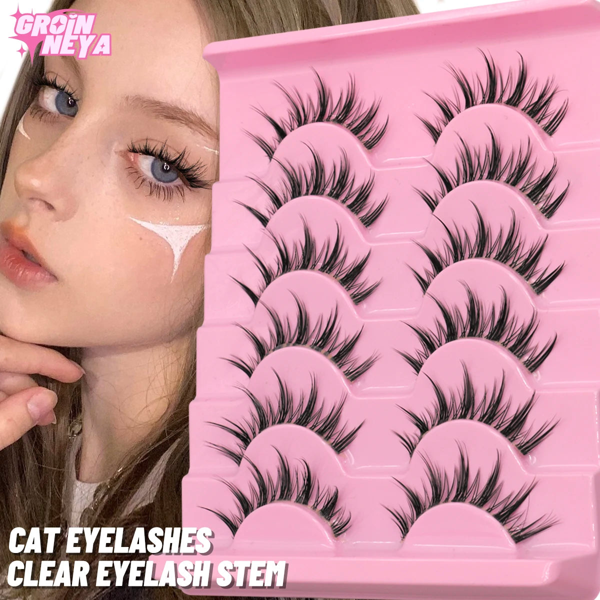 GROINNEYA Cat Eye Wispy Lashes – 5/6 Pairs Clear Band Natural 6D Eyelash Extensions