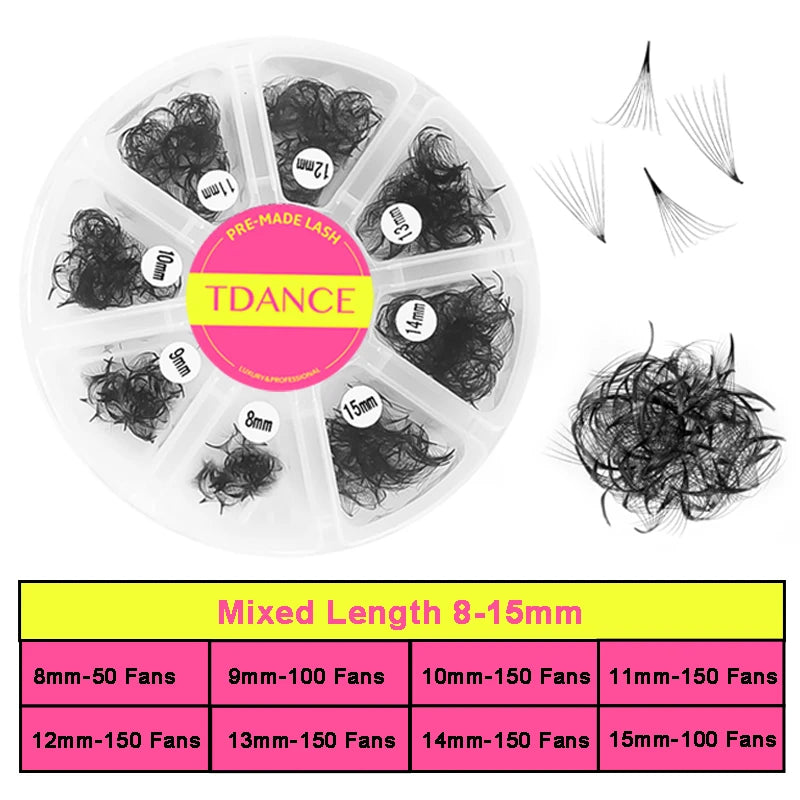 TDANCE 1000 Premade Loose Volume Lash Fans | Mixed Length 8–15mm | Pointy Base Medium Stem