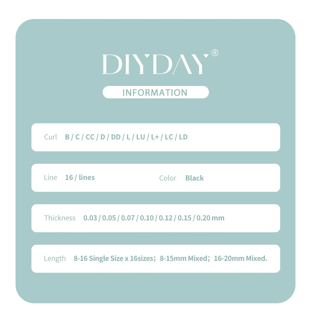 وصلات رموش DIYDAY الفردية، ١٦ صفًا - رموش منك ناعمة، خيارات تجعيد من B إلى DD، C120