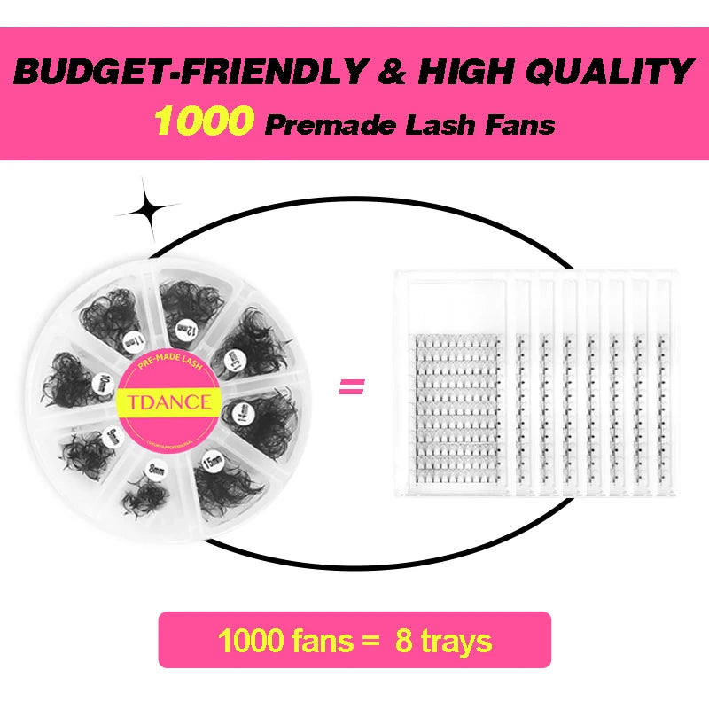 TDANCE 1000 Premade Loose Volume Lash Fans | Mixed Length 8–15mm | Pointy Base Medium Stem