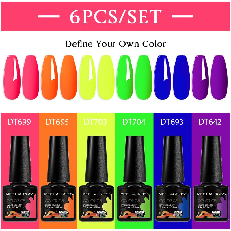 MEET ACROSS 6PC UV LED Gel Nail Polish Set – Soak Off Semi-Permanent Manicure Kit (7ml Each) C50