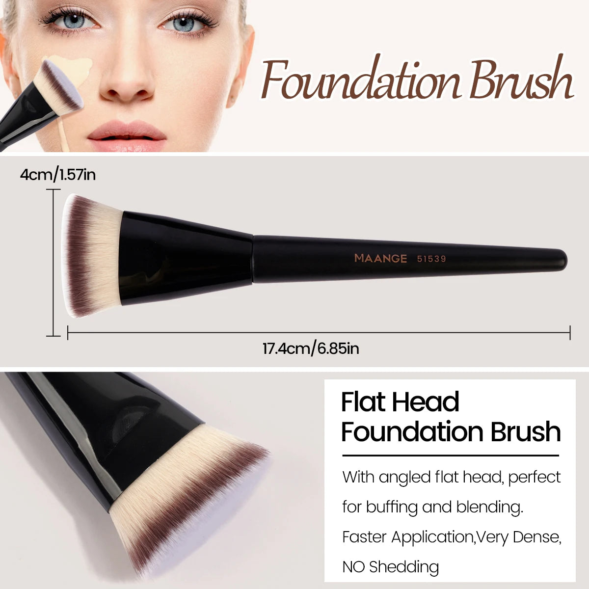 MAANGE 3pcs Foundation Makeup Brush Set – Flat, Angled & Round with Case