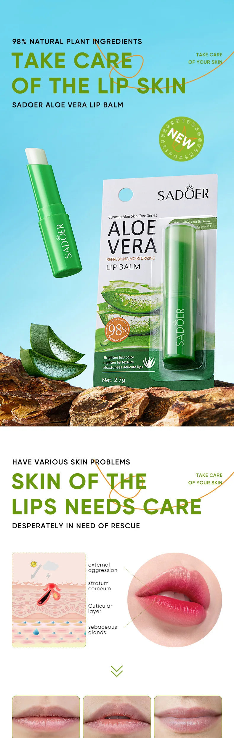 Bálsamo labial de coco con vitamina C de SADOER: tratamiento hidratante y reparador con aloe para labios de SADOER