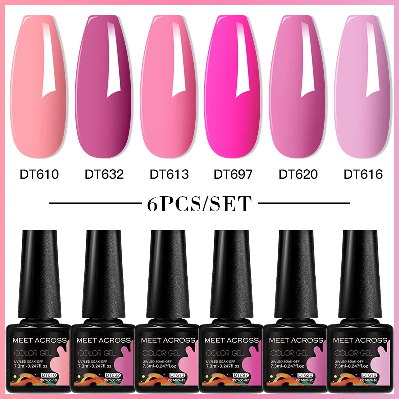 MEET ACROSS 6PC UV LED Gel Nail Polish Set – Soak Off Semi-Permanent Manicure Kit (7ml Each) C25