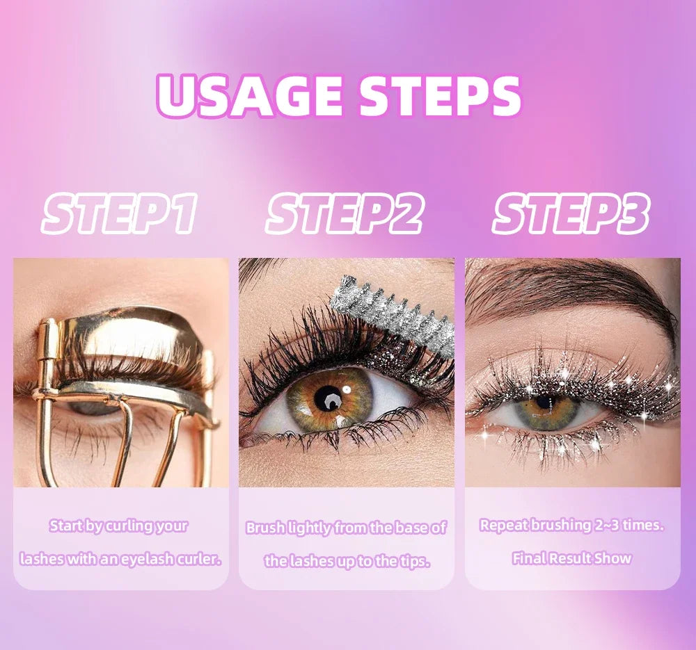 LuxuryGlow Diamond Purple Glitter Mascara – Curling, Volumizing & Sweatproof Shine