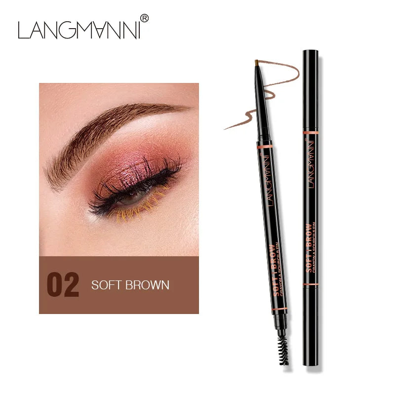 قلم حواجب Langmanni مزدوج الطرف مقاوم للماء - رأس رفيع 1.5 مم + فرشاة لحواجب طبيعية تدوم طويلاً
