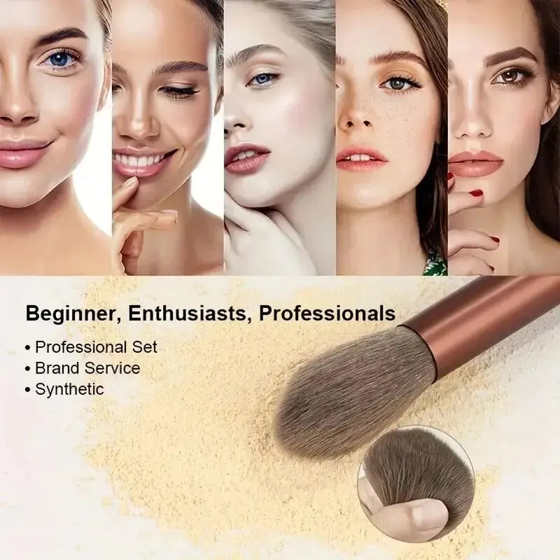 مجموعة فرش مكياج احترافية فاخرة من LuxuryGlow، مكونة من 16 قطعة - ألياف صوف ناعمة، وفرشاة كريم أساس وظلال عيون رقيقة
