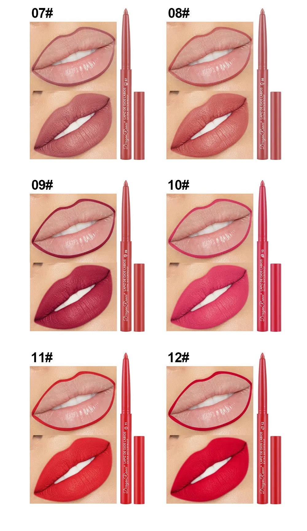 Delineador de labios mate Dragon Ranee de 12 colores: resistente al agua, a las manchas y de larga duración.