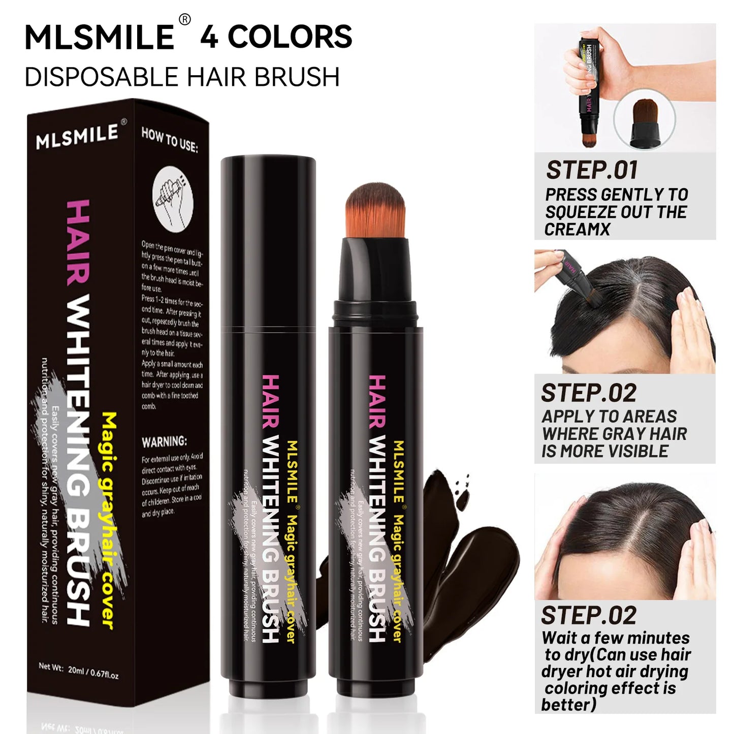 قلم صبغة الشعر MLSMILE بأربعة ألوان - قلم تغطية فورية للشعر الأبيض