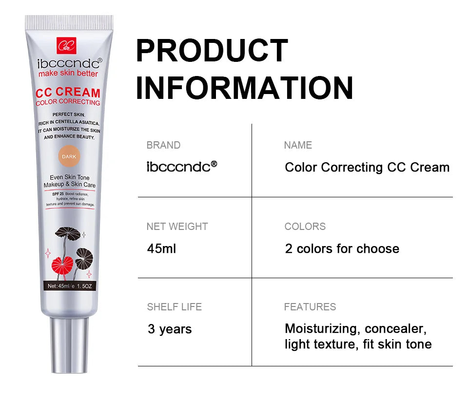 Crema CC correctora de color ibcccndc – Base de maquillaje reparadora y blanqueadora Centella de 45 ml