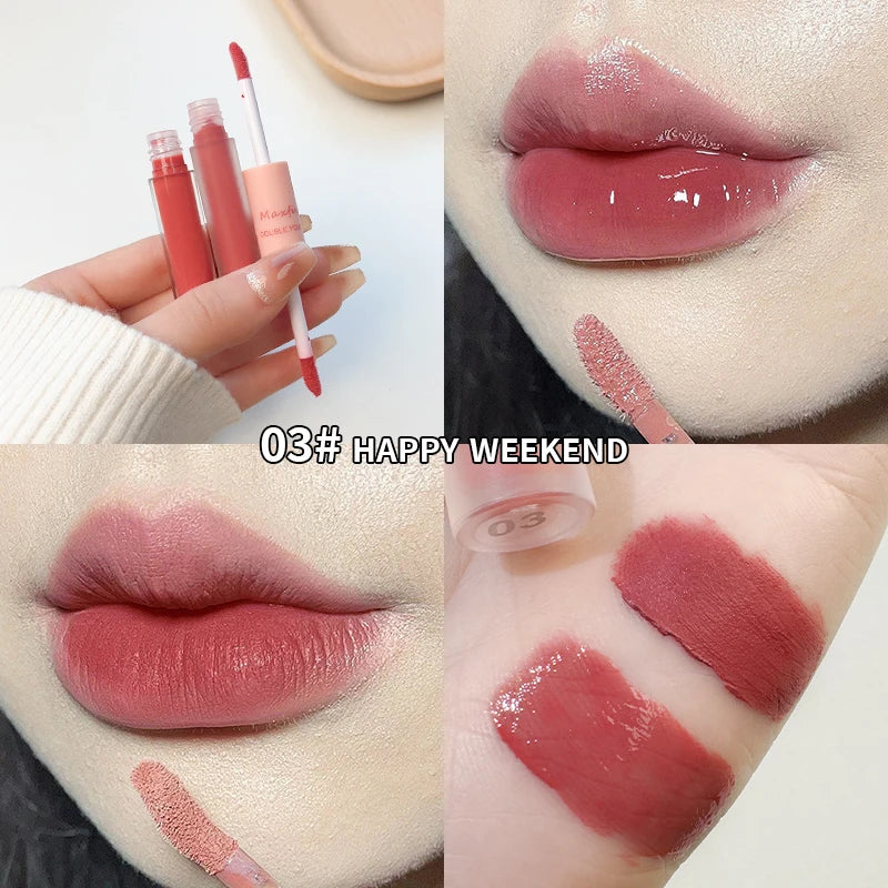 Brillo de labios de doble punta MAXFINE: acabado mate y brillante resistente al agua, hidratación duradera.