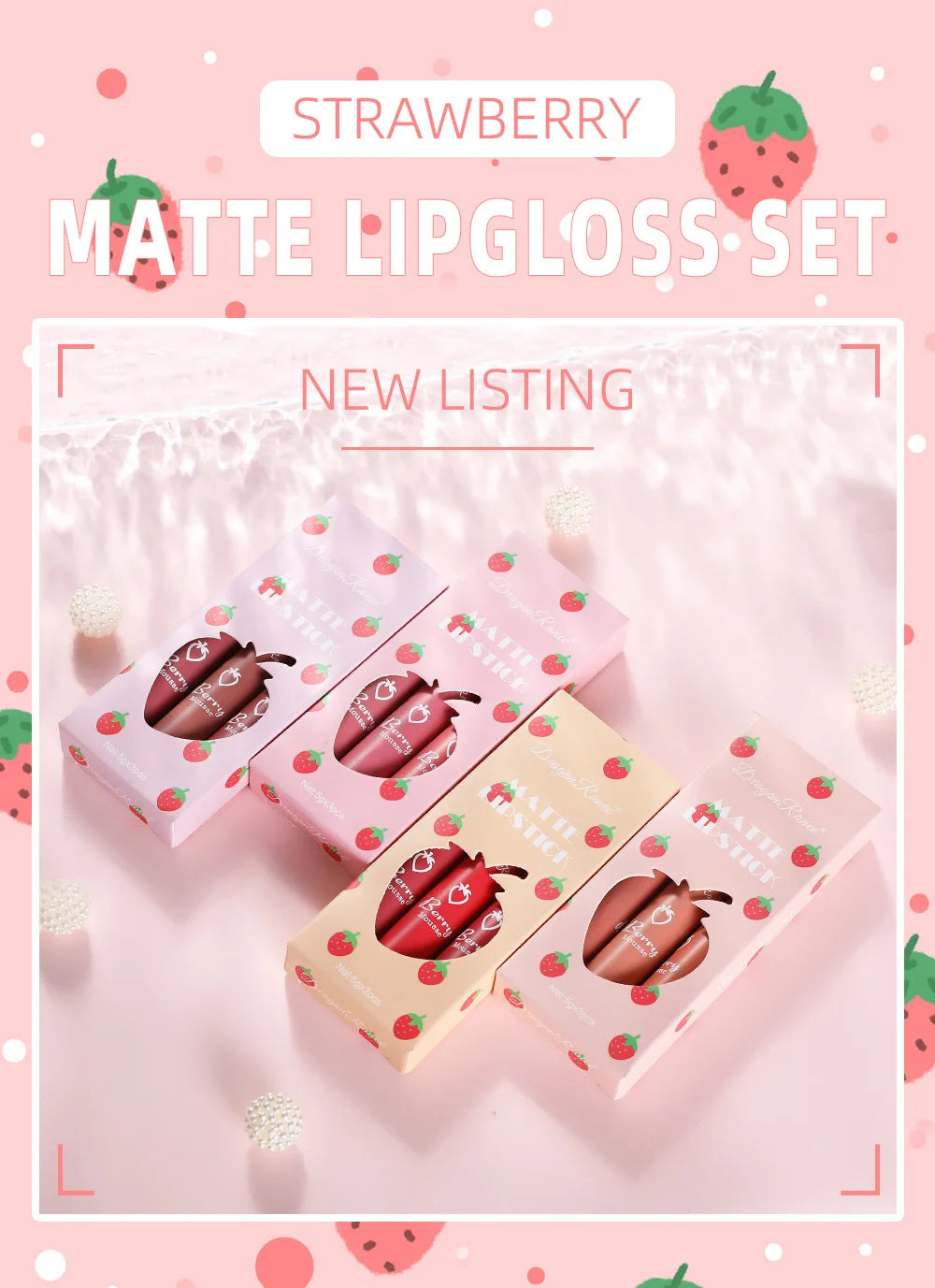 Dragon Ranee - Set de 3 brillos labiales mate de fresa aterciopelados: resistentes al agua y de larga duración