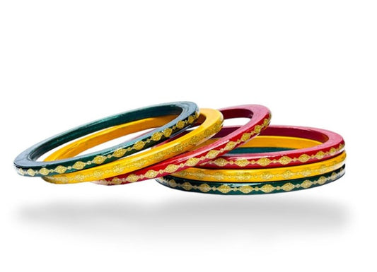 LuxuryGlow Lac Bangles Neebu Mirchi Luxury Lac Bangles – Red, Green & Yellow with Gold Plating |
