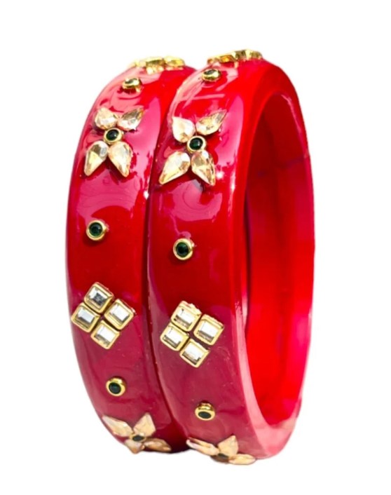 LuxuryGlow Lac Bangles Red Glossy Handcrafted Lac Bangles with Mirror Work –