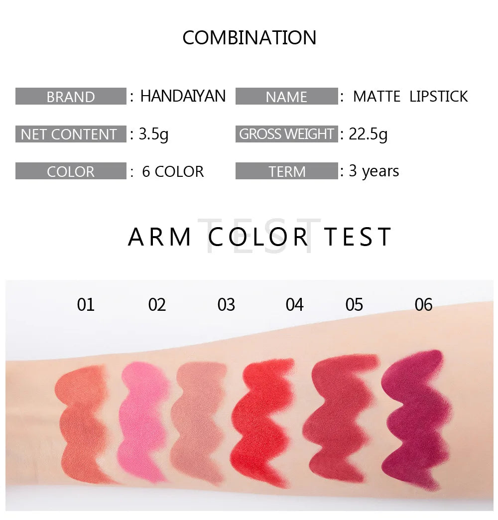 Handaiyan 6-Color Matte Velvet Lipstick Set – Waterproof, Long-Lasting Nude & Red Shades