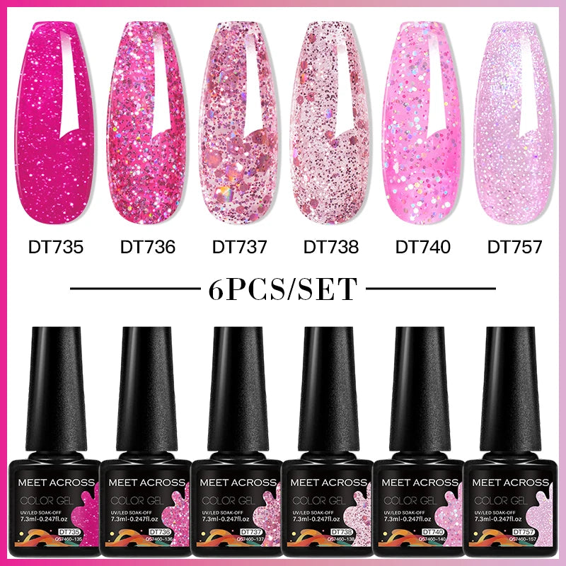MEET ACROSS 6PC UV LED Gel Nail Polish Set – Soak Off Semi-Permanent Manicure Kit (7ml Each) C103