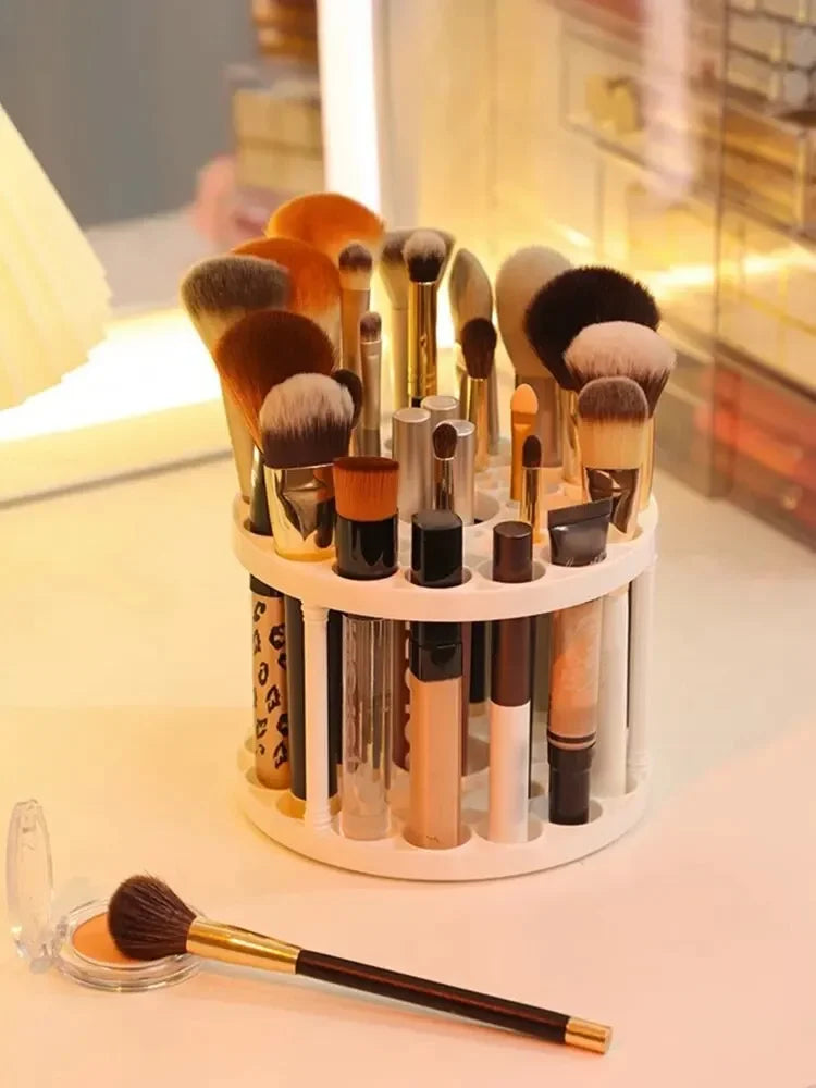 Organizador de brochas de maquillaje y cosméticos de acrílico LuxuryGlow: soporte y organizador de pintalabios para tocador (28 × 23 cm)