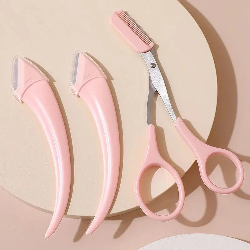 Navaja recortadora de cejas y afeitadora facial LuxuryGlow: herramienta de cuidado personal para mujeres con tijeras y peine (plástico, 12,8 cm)