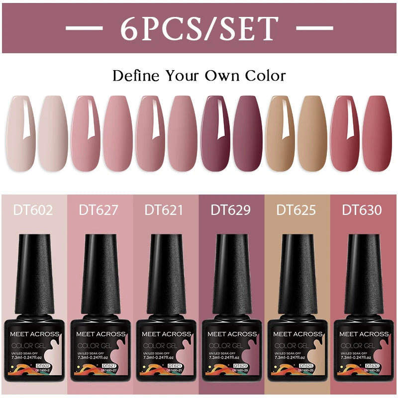 MEET ACROSS 6PC UV LED Gel Nail Polish Set – Soak Off Semi-Permanent Manicure Kit (7ml Each) C50