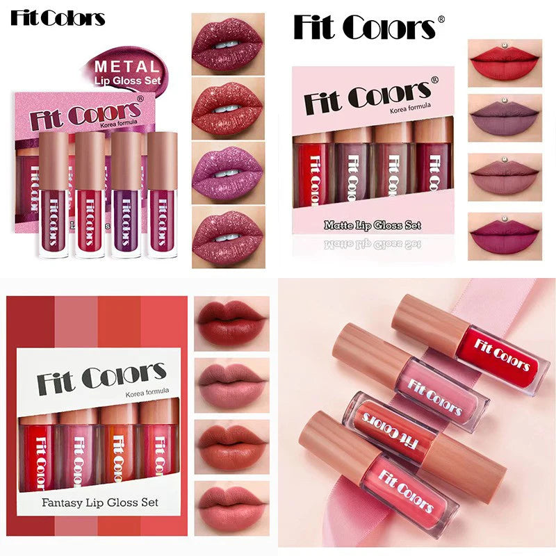 Set de brillo labial LuxuryGlow Fit Colors Velvet: 4 piezas de brillo labial duradero y resistente a las manchas con acabado diamante.